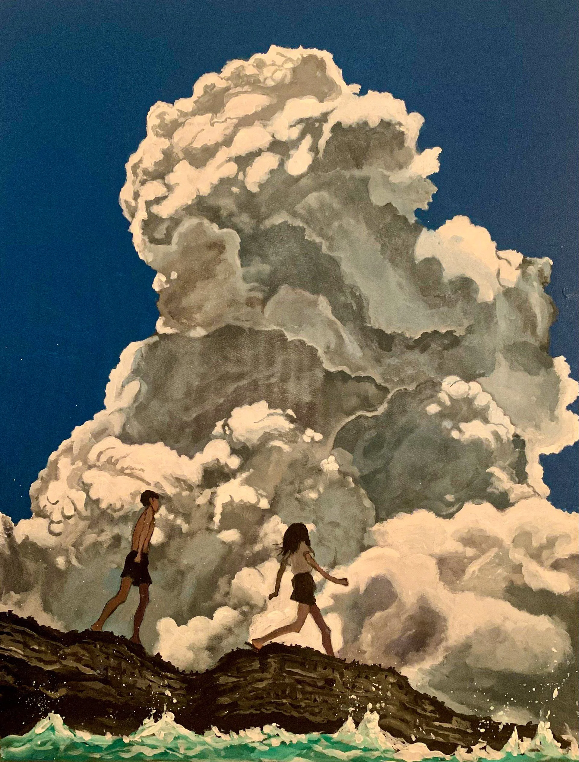 Two children, a boy and a girl, walking on a rocky shoreline with a large, billowing cloud formation in the sky behind them.