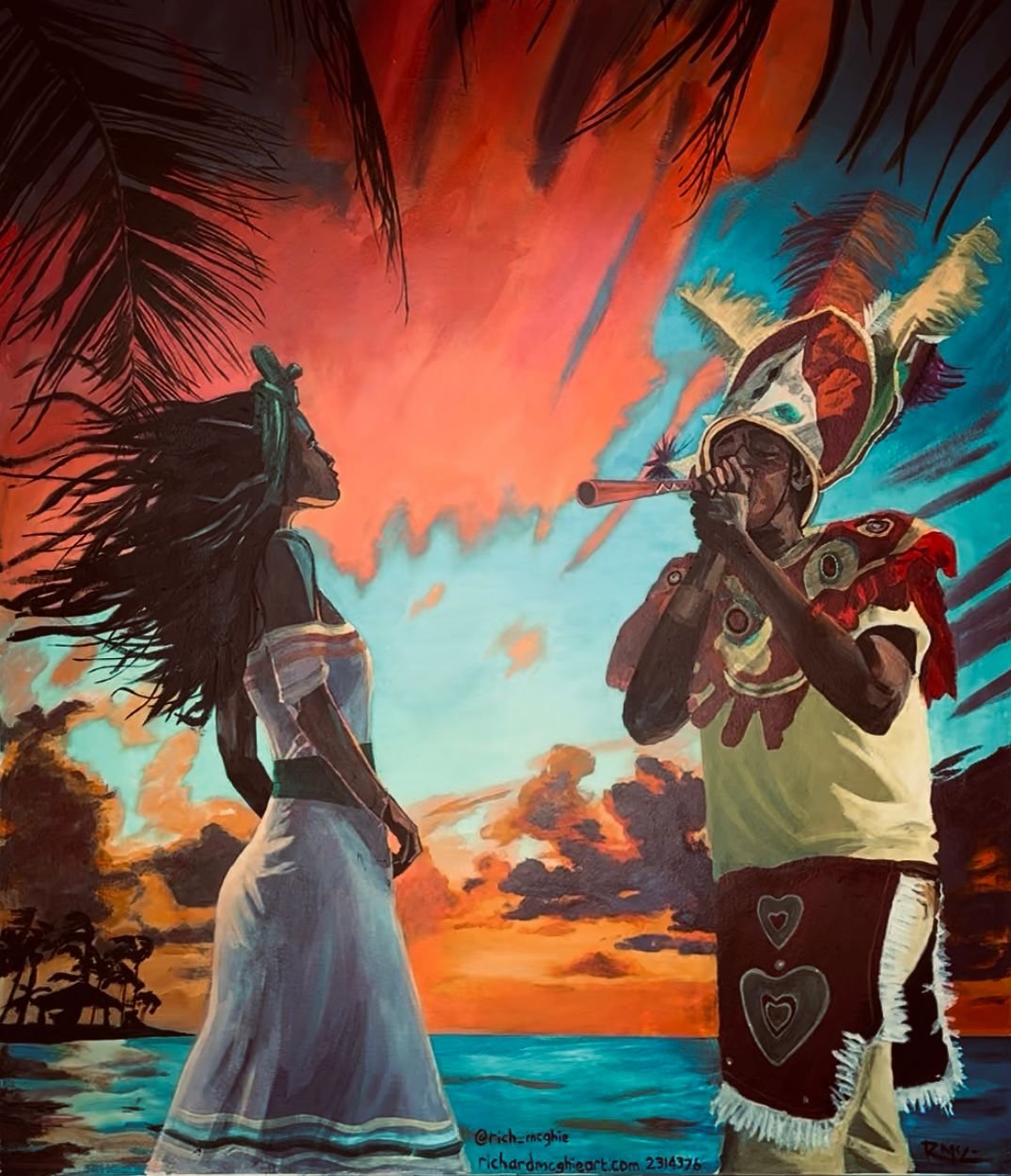 A painting of a Native American man playing a flute and a Native American woman in traditional dress facing him, with a vibrant sunset sky in the background, palm trees, and water, representing Turks and Caicos Islands Junkanoo