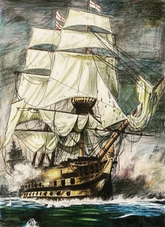 A historic sailing ship with multiple large white sails billowing in the wind, navigating through rough waters with waves splashing against its hull.