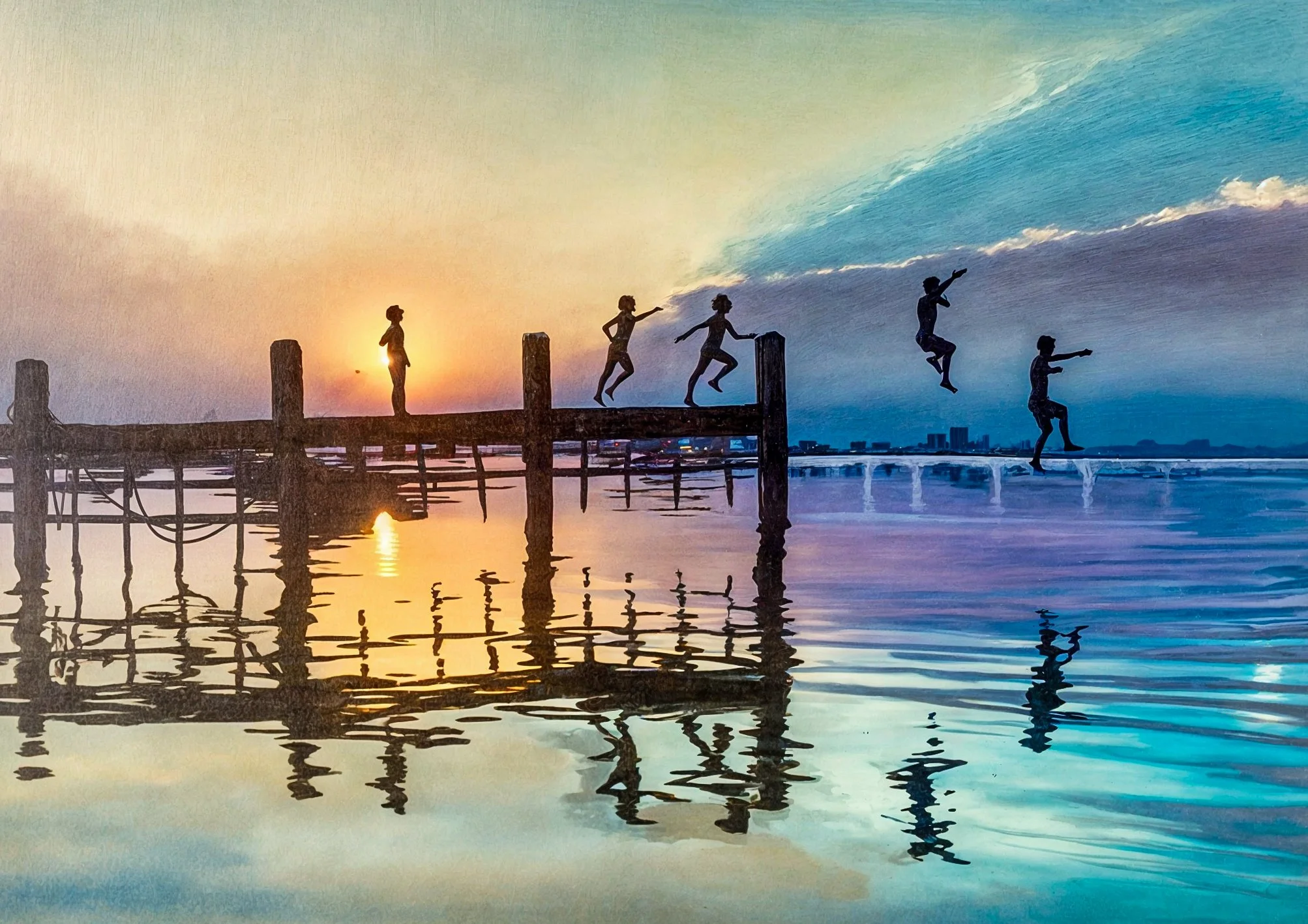 Silhouettes of children jumping off a dock into water during sunset, with colorful sky and reflected water.