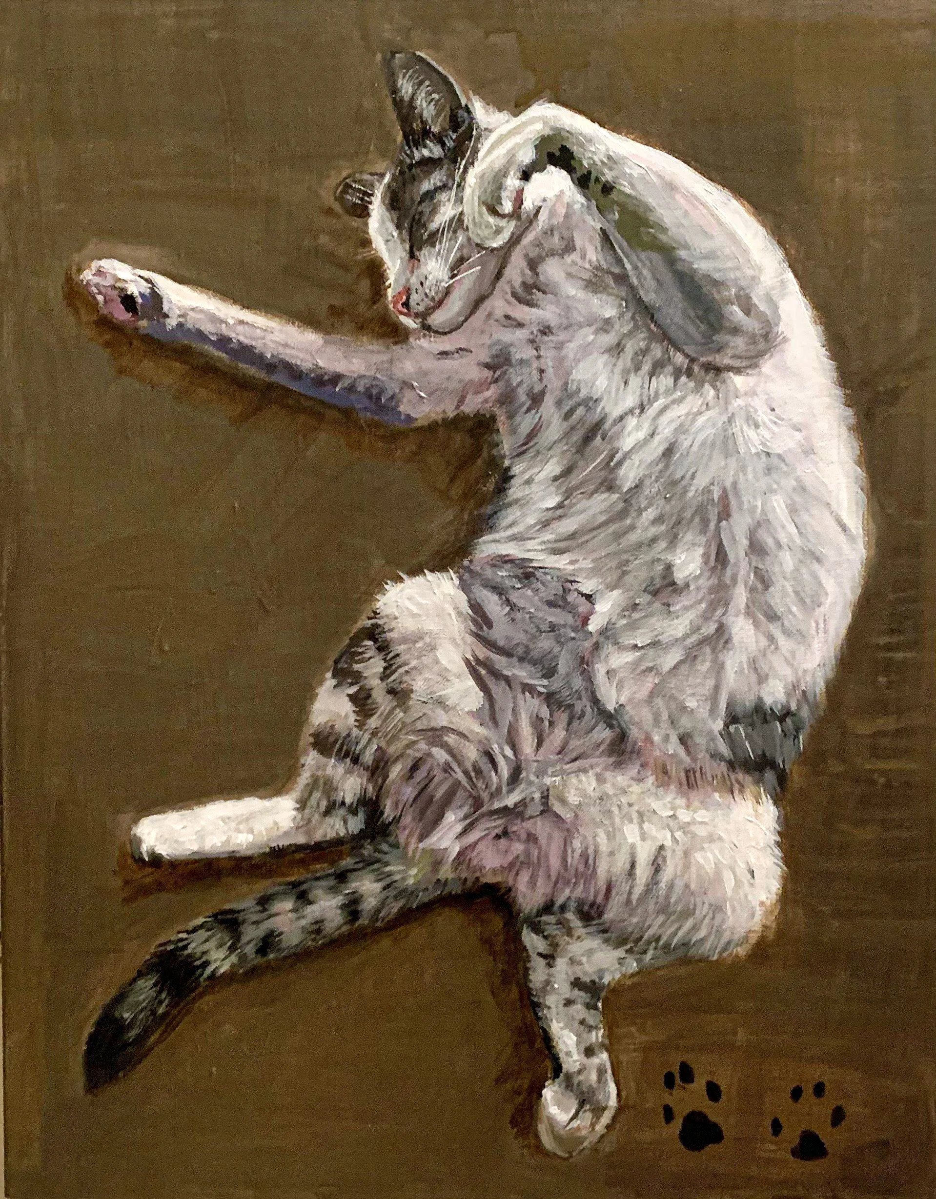 Painted image of a relaxed cat licking itself while sitting on a brown background, with three black paw prints at the bottom right corner.