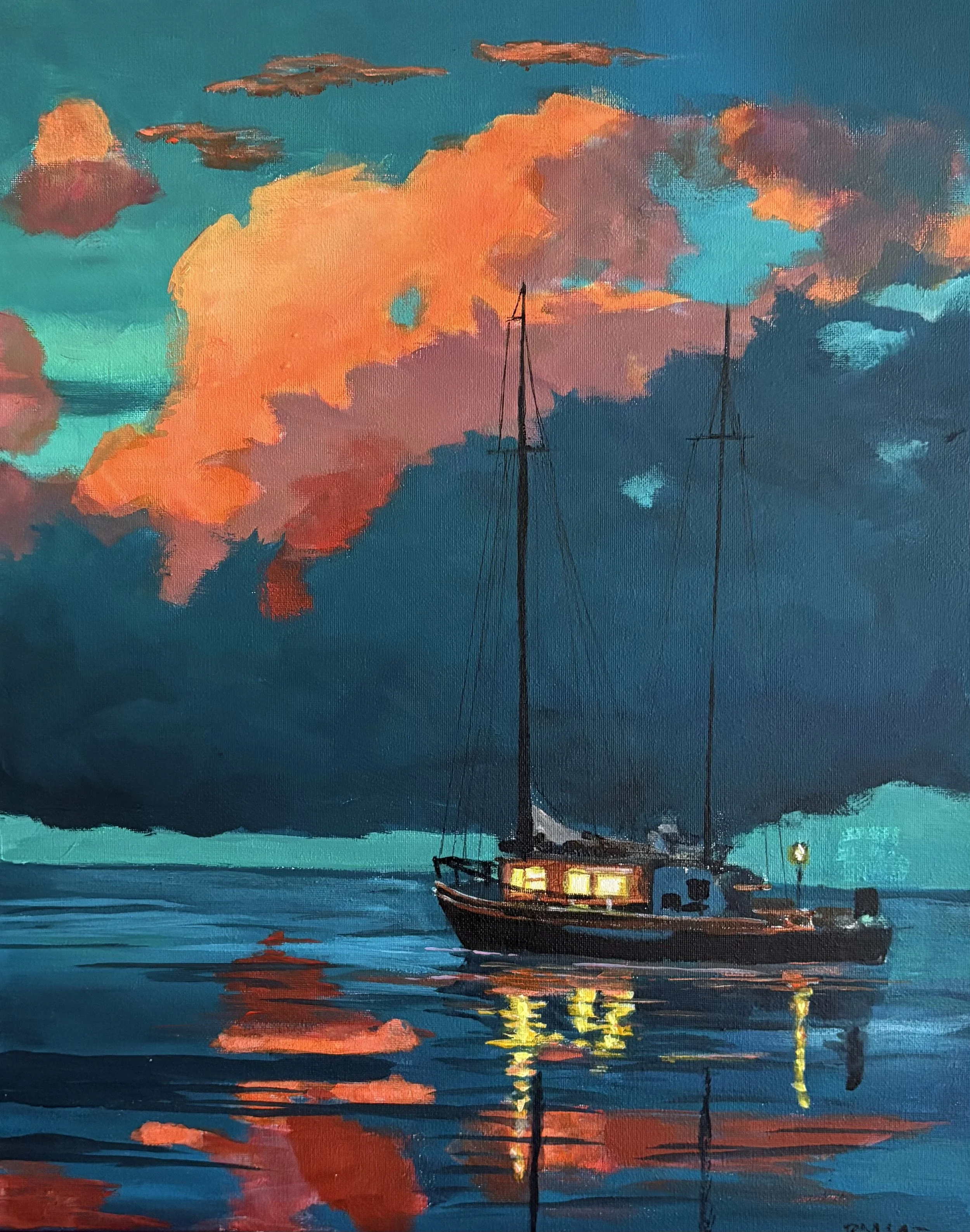 Painting of a boat on water during sunset with colorful orange clouds reflected in the water.