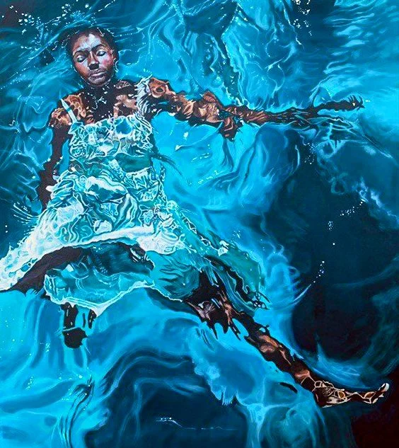 A girl floating in a swimming pool, wearing a black and orange top and a white skirt, with her eyes closed.