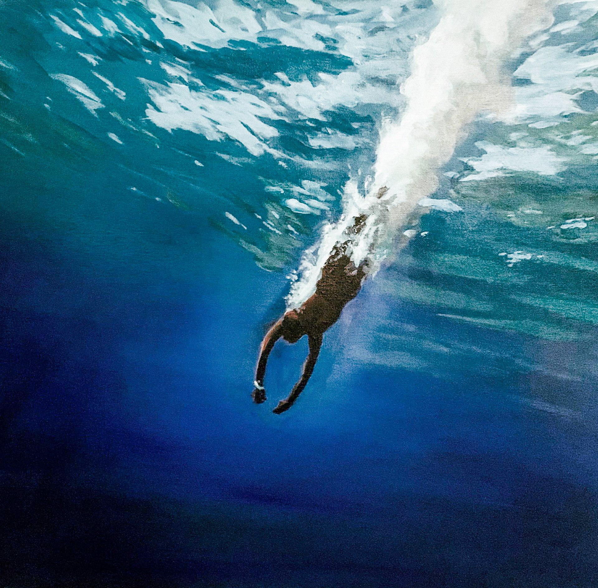 Painting of underwater angle as young boy dives into the deep blue ocean, creating a trail of white bubbles as sunlight surrounds him.