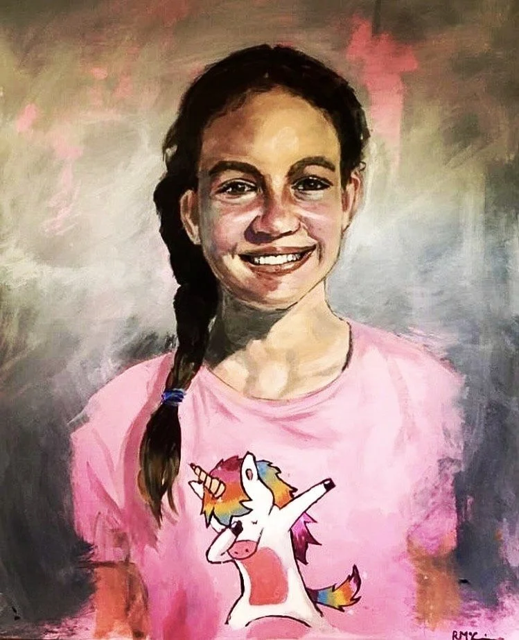 A painted portrait of a smiling girl with a braid wearing a pink shirt with a dabbing unicorn graphic.