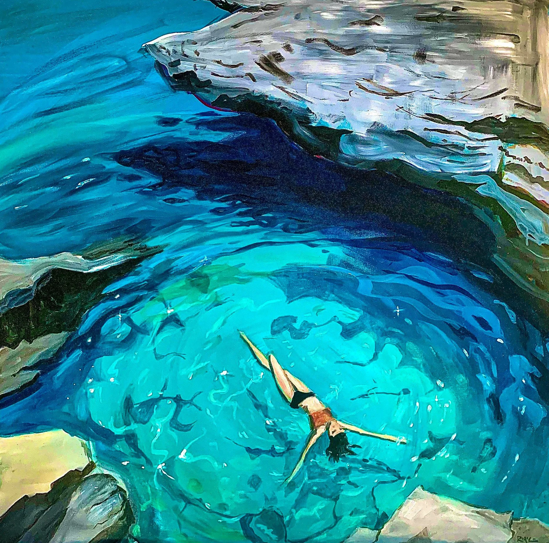 A painting of a swimmer in clear blue water with tropical fish, surrounded by rocky formations.
