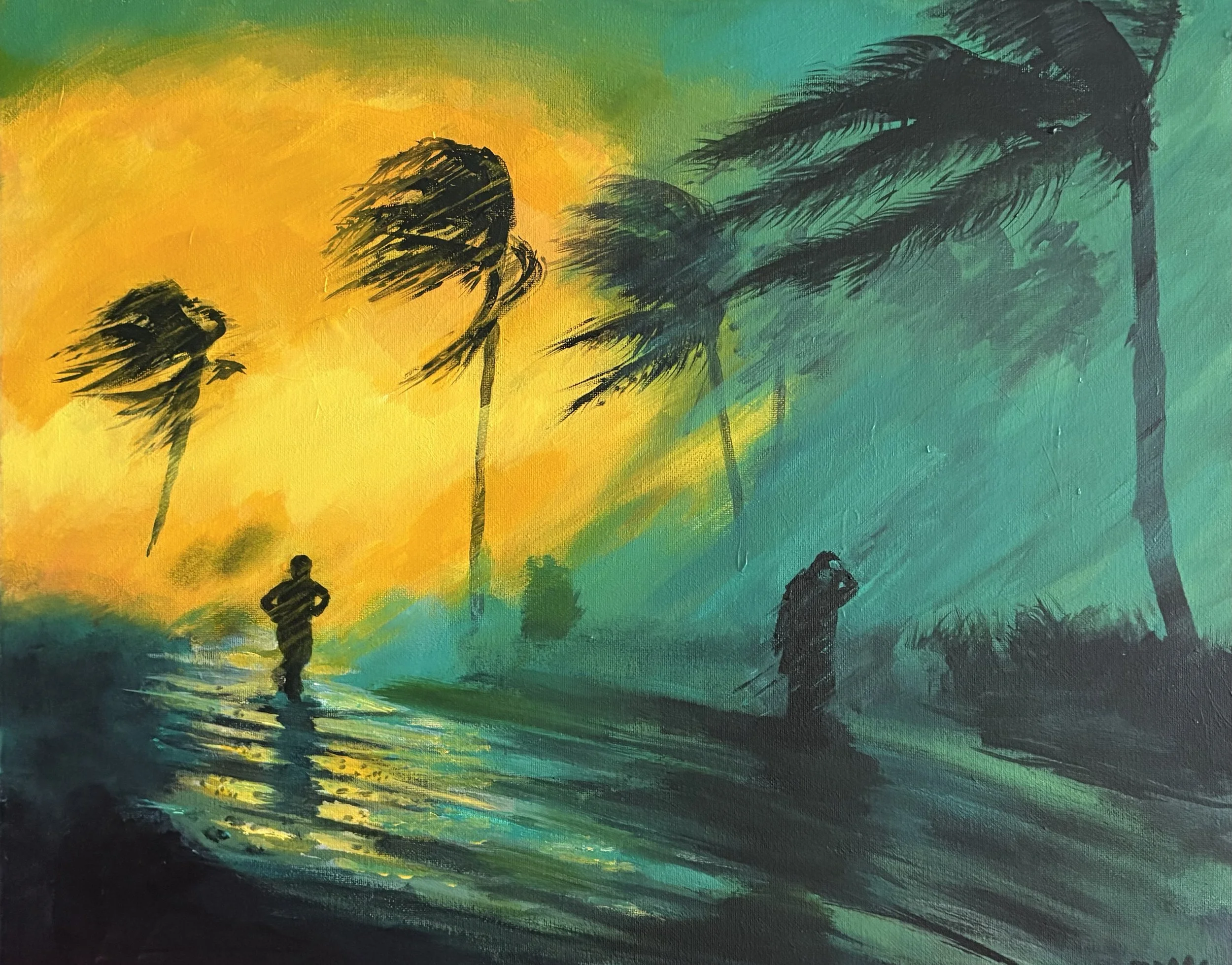 An abstract acrylic painting depicting a sunset or sunrise with two silhouetted figures on a beach with palm trees leaning in a strong wind, with vibrant green, yellow, and orange colors.