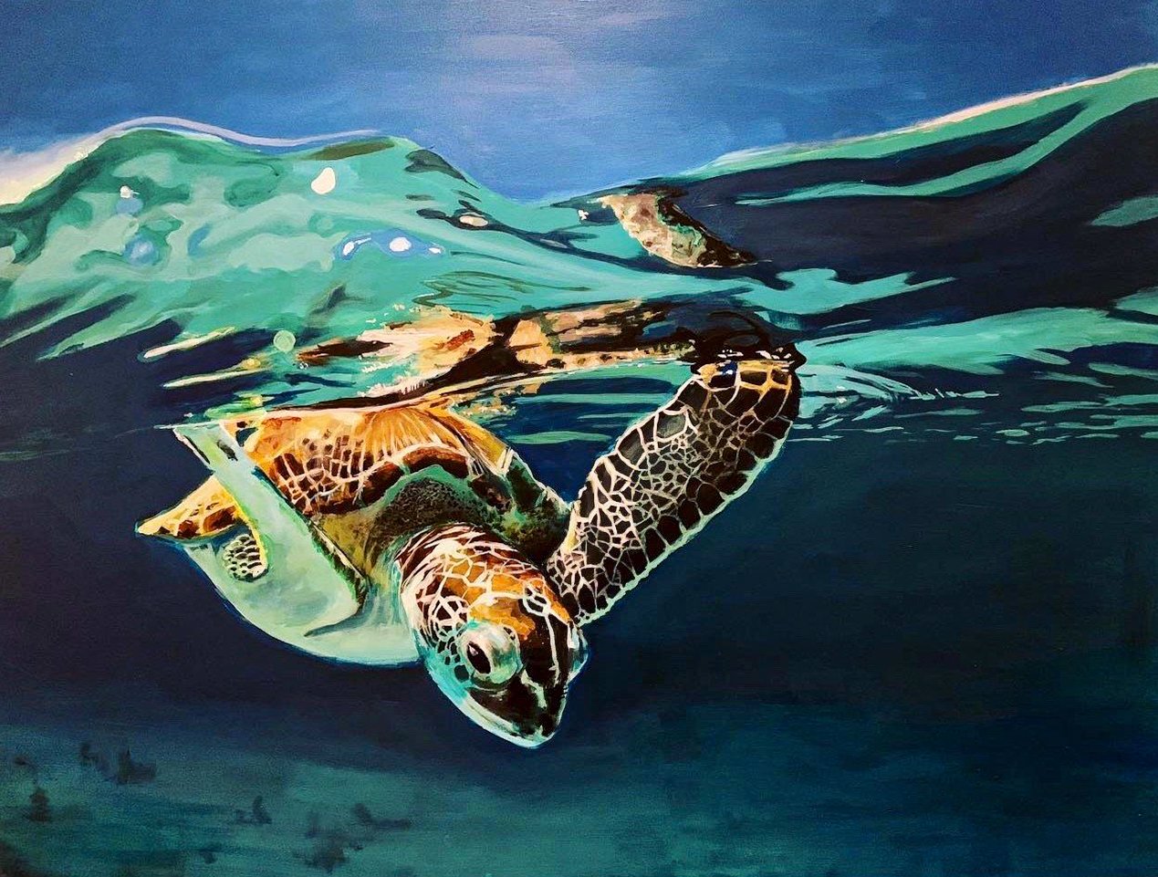 Painting of a sea turtle swimming beneath the water surface of the ocean with blue water and waves.