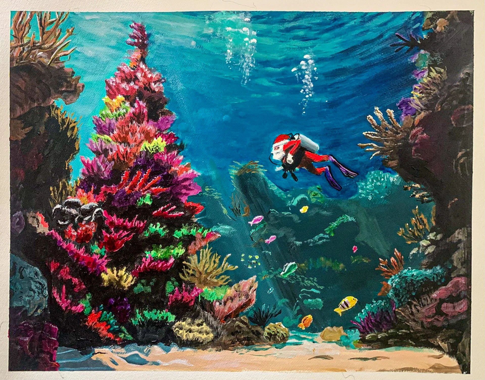 Colorful painting of an underwater scene with coral reefs, fish, and a Santa Clause scuba diver in a red wetsuit exploring the ocean.