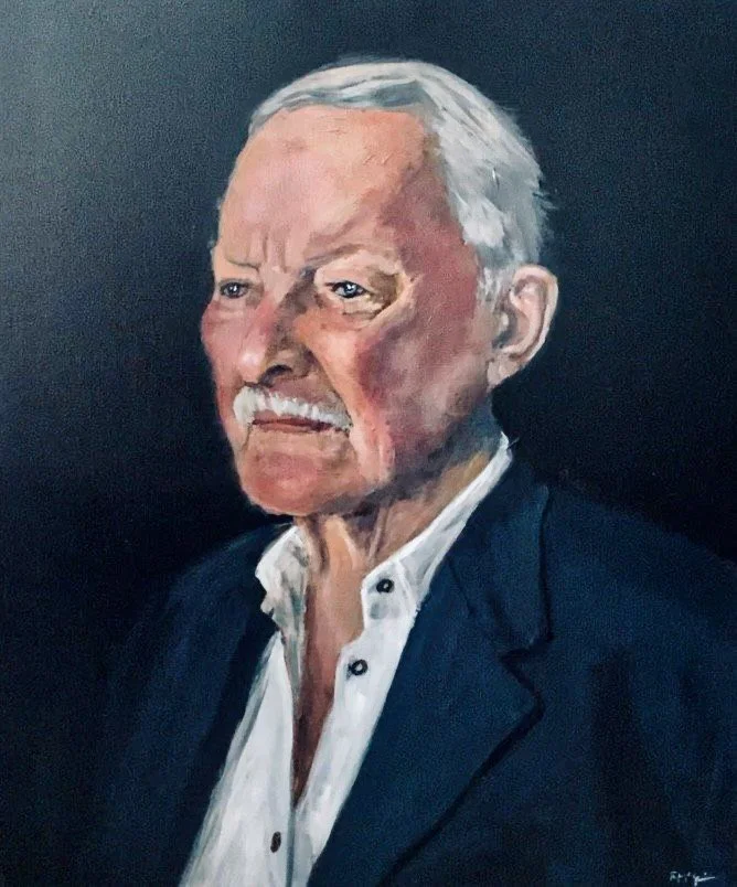 Painting of an elderly man with white hair and a mustache, wearing a dark blazer over a white shirt, against a dark background.