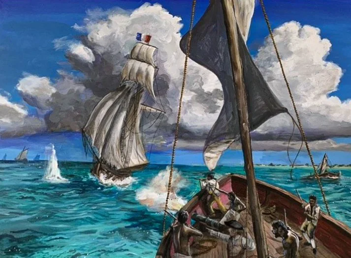 Painting of ships at sea, with a large sailing ship and a smaller boat with people on board, under a cloudy sky.