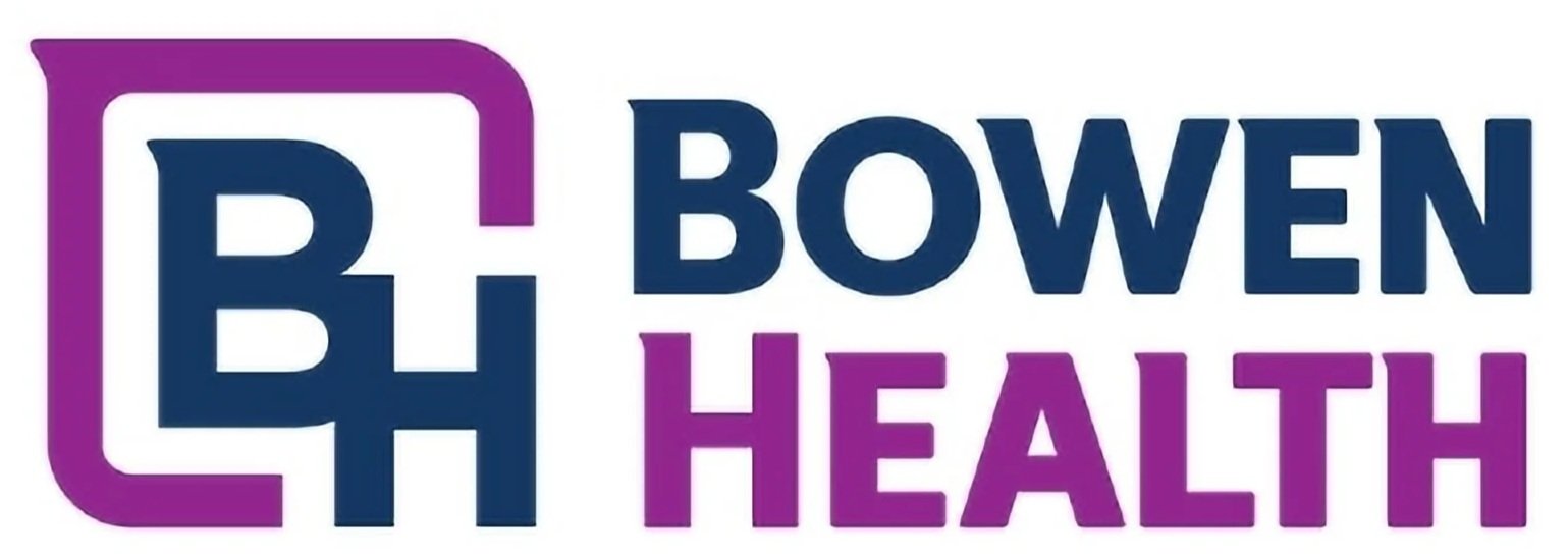 Logo for Bowen Health with a purple and dark blue color scheme, featuring a stylized 'B' inside a square outline, accompanied by the text 'BOWEN HEALTH'.