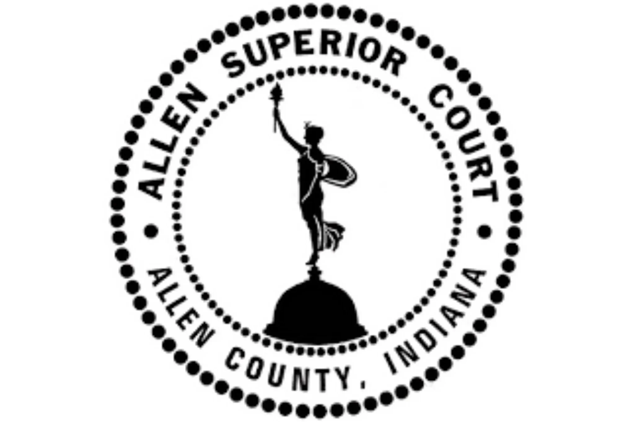 Seal of Allen Superior Court, Allen County, Indiana, featuring a statue of Lady Justice holding a sword and shield.