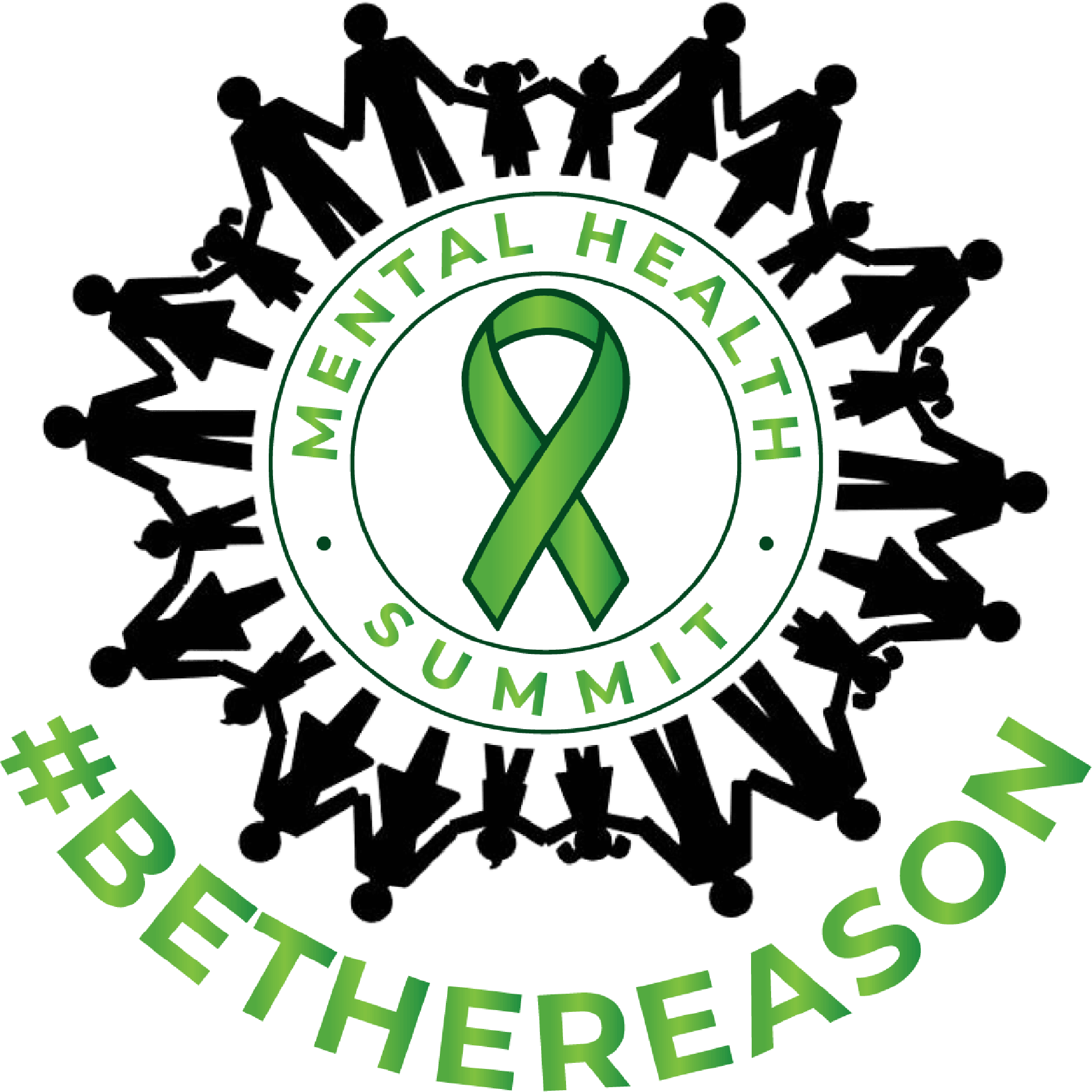 A logo with a green awareness ribbon surrounded by a circle of human figures holding hands, with the words "MENTAL HEALTH SUMMIT" and a hashtag #BETHEREASON written in green.