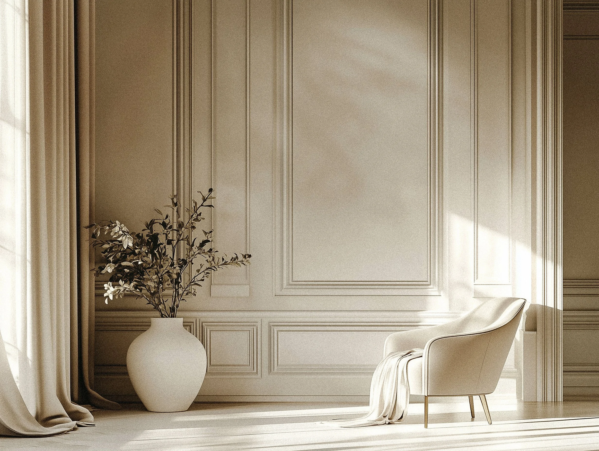 Minimalist room with cream-colored armchair, draped fabric, large white vase with leafy branches, beige curtains, and intricate wall paneling, lit by soft sunlight.