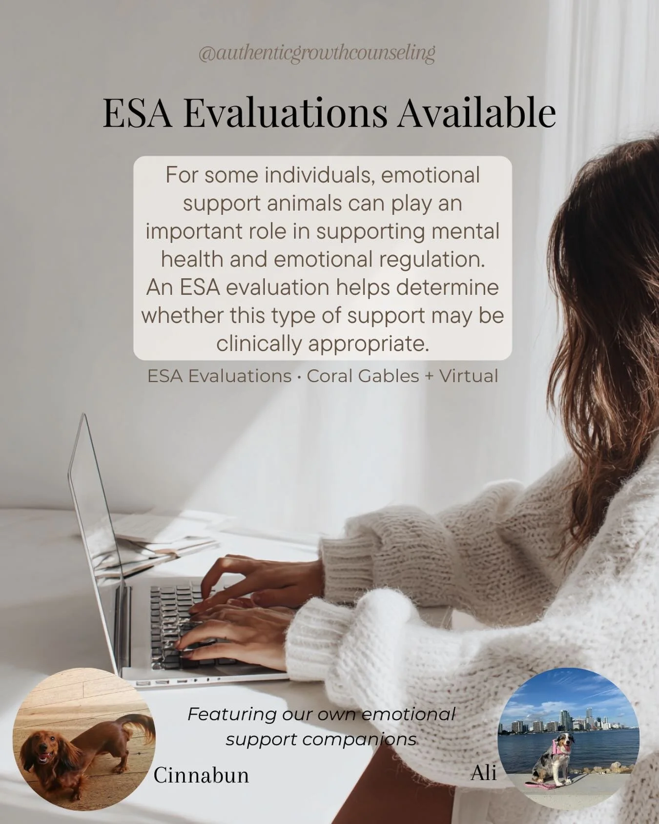 ESA Evaluations Available

For some individuals, emotional support animals can provide comfort, grounding, and emotional regulation when navigating anxiety, trauma, depression, and other mental health challenges.

At Authentic Growth Counseling, we o
