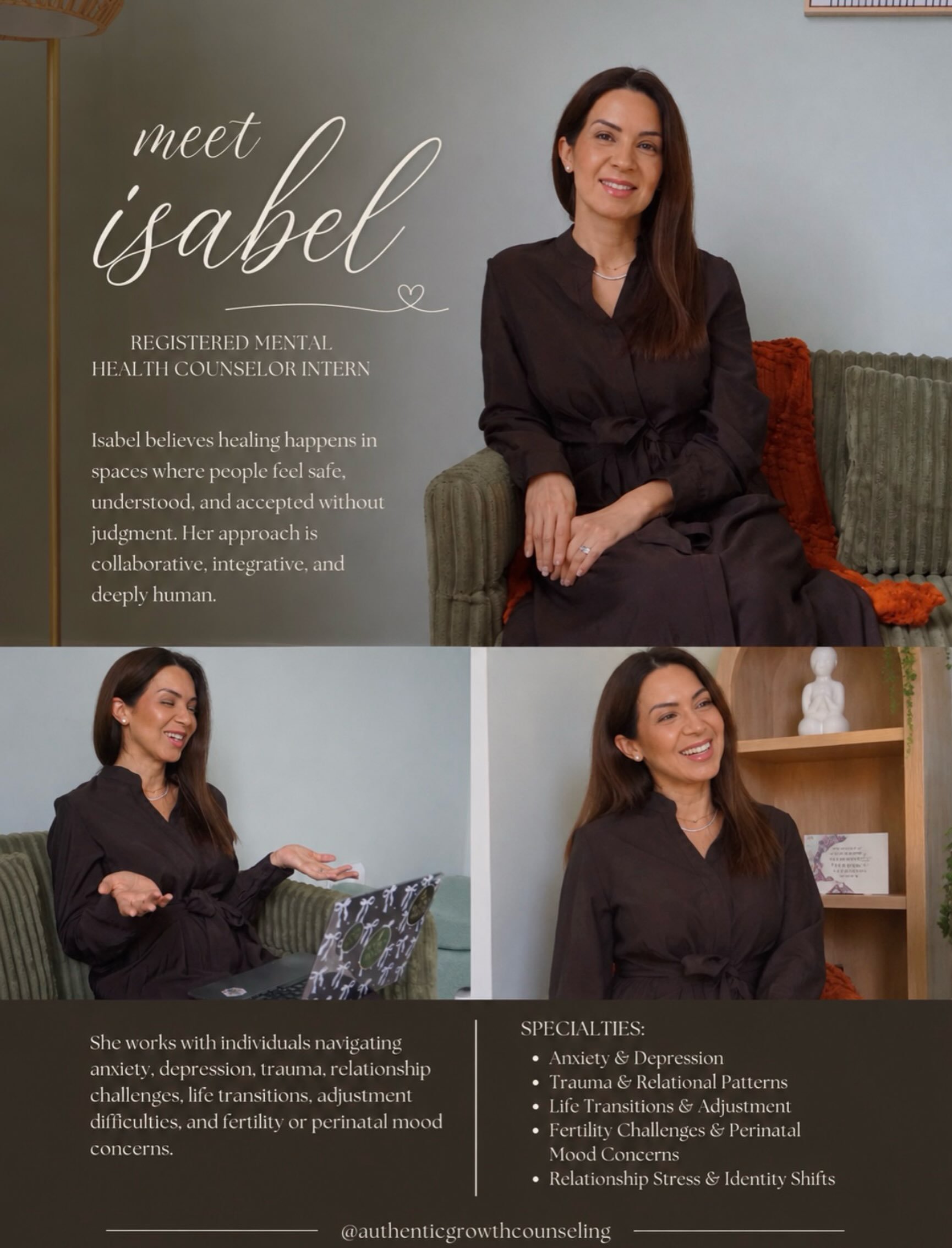 Every therapist brings something different to the room.

Isabel brings warmth, curiosity, and a calming presence that helps people feel seen from the very first conversation.

She believes healing happens in relationships built on trust, safety, and 