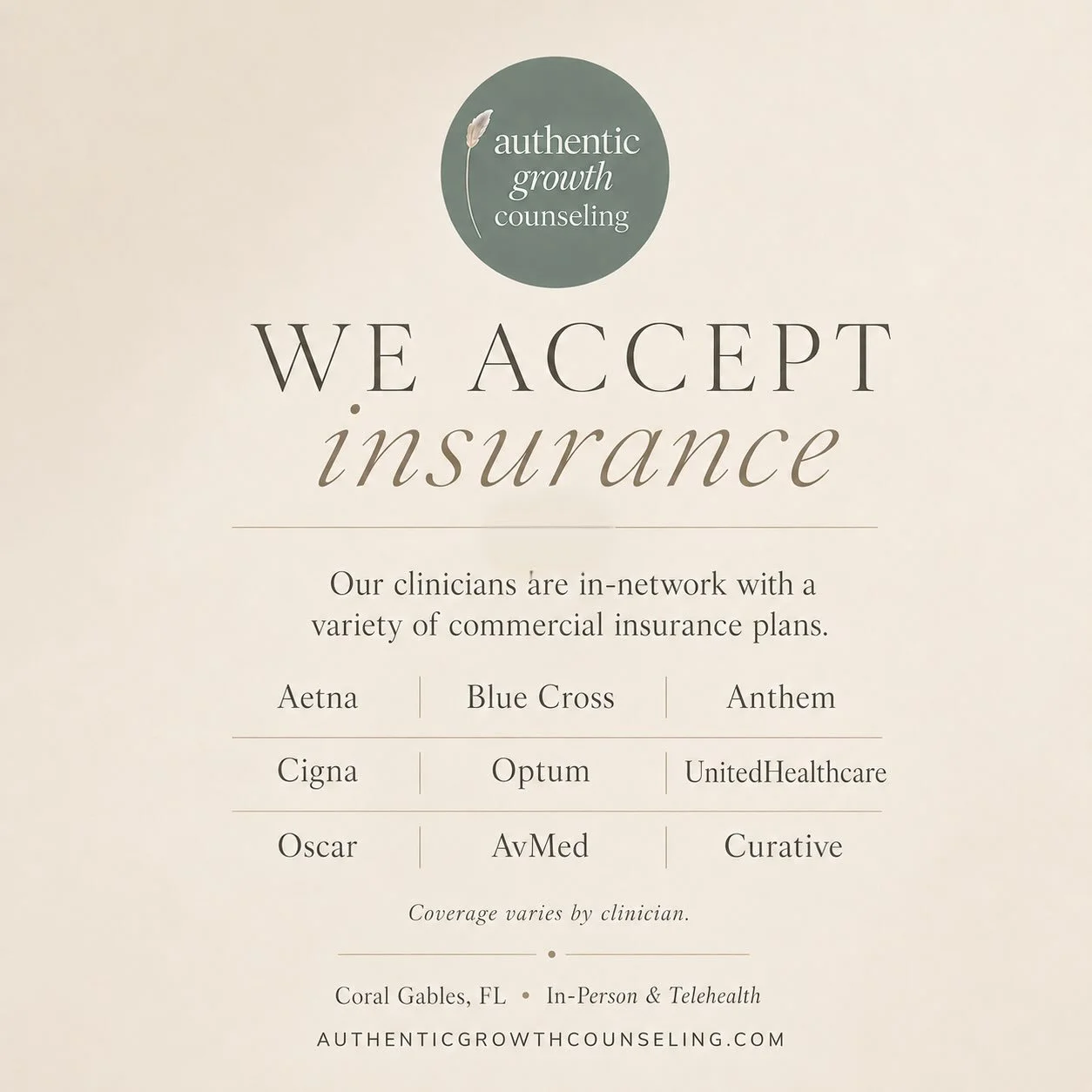 Making therapy a little easier to access. 🤍

Authentic Growth Counseling works with a variety of commercial insurance plans through select clinicians, including Aetna, Blue Cross, Anthem, Optum, UnitedHealthcare, Oscar, AvMed, Curative, and Cigna.

