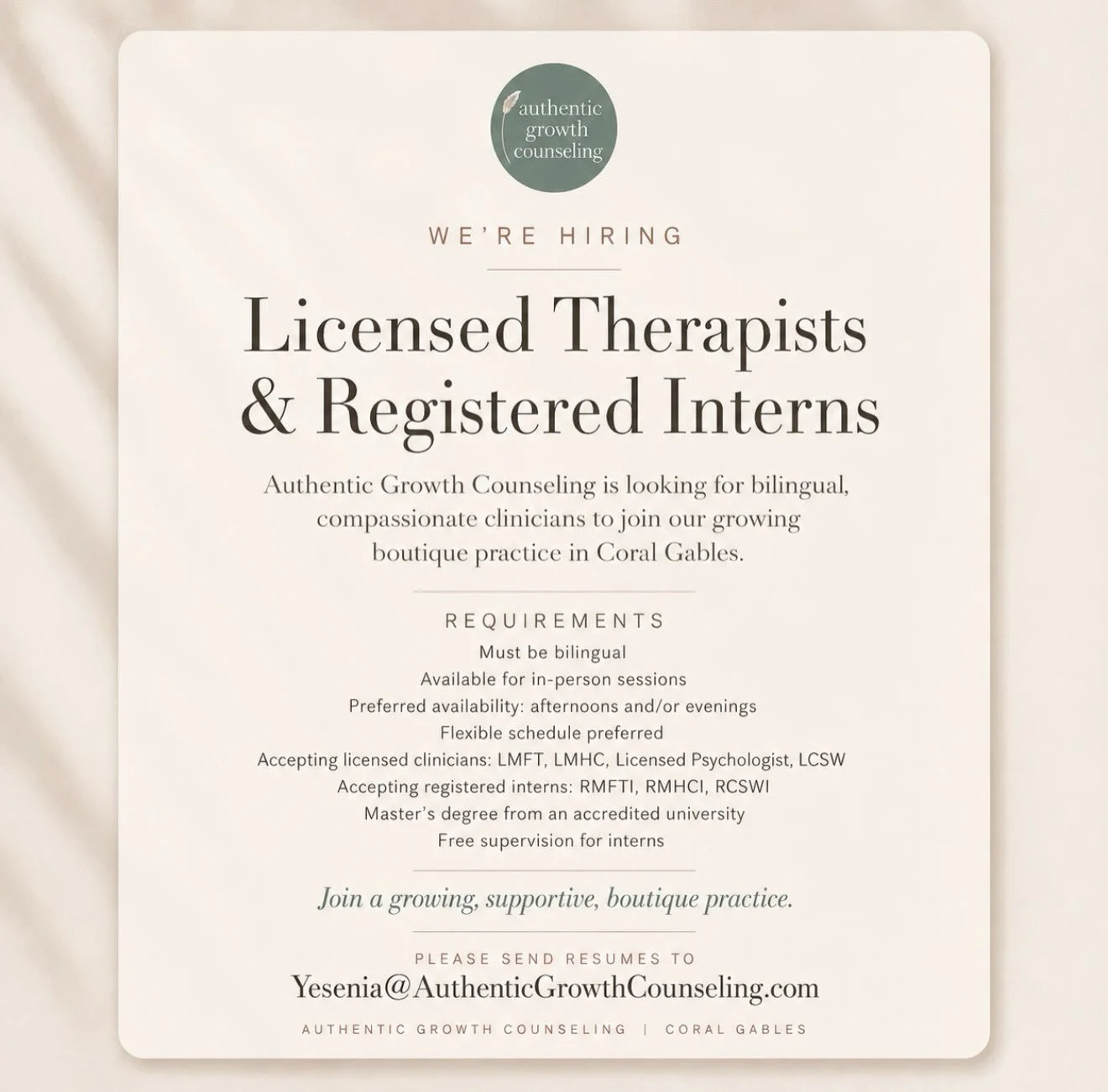 We&rsquo;re growing 🤍

Authentic Growth Counseling is looking for bilingual licensed therapists and registered interns to join our boutique practice in Coral Gables.

We&rsquo;re looking for clinicians who are compassionate, collaborative, culturall