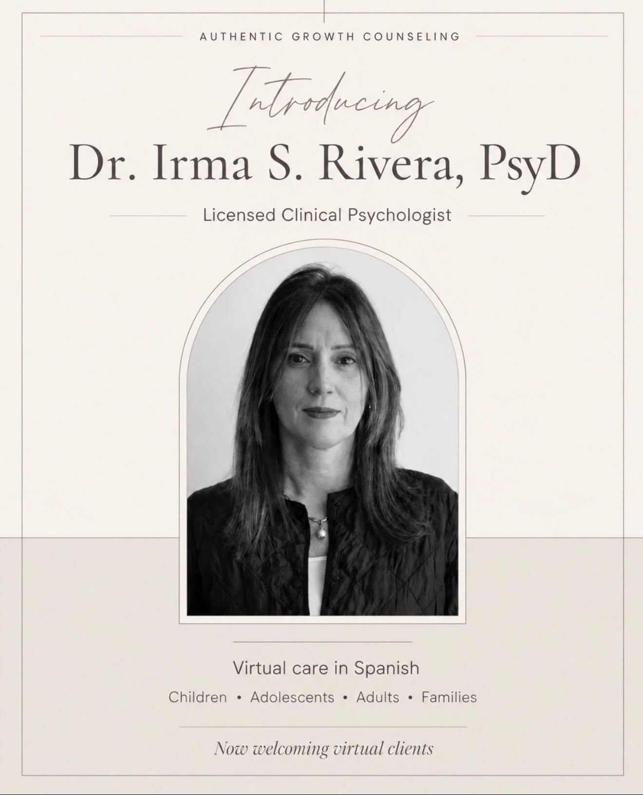 Meet Dr. Irma S. Rivera, PsyD 🤍

We&rsquo;re so happy to welcome Dr. Irma to Authentic Growth Counseling.

With over 20 years of experience, Dr. Irma has worked across private practice, pediatric hospital care, addiction and recovery settings, and w