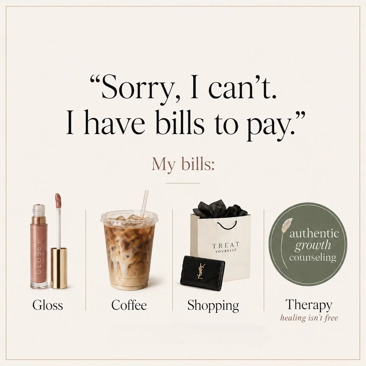 unfortunately, healing is in the budget too. 😭☕💄🛍️

some bills are non-negotiable.

therapy, coffee, a little shopping, and whatever lip product convinced me it was &ldquo;basically free.&rdquo;
Priorities. 🤍

hot girls go to therapy.