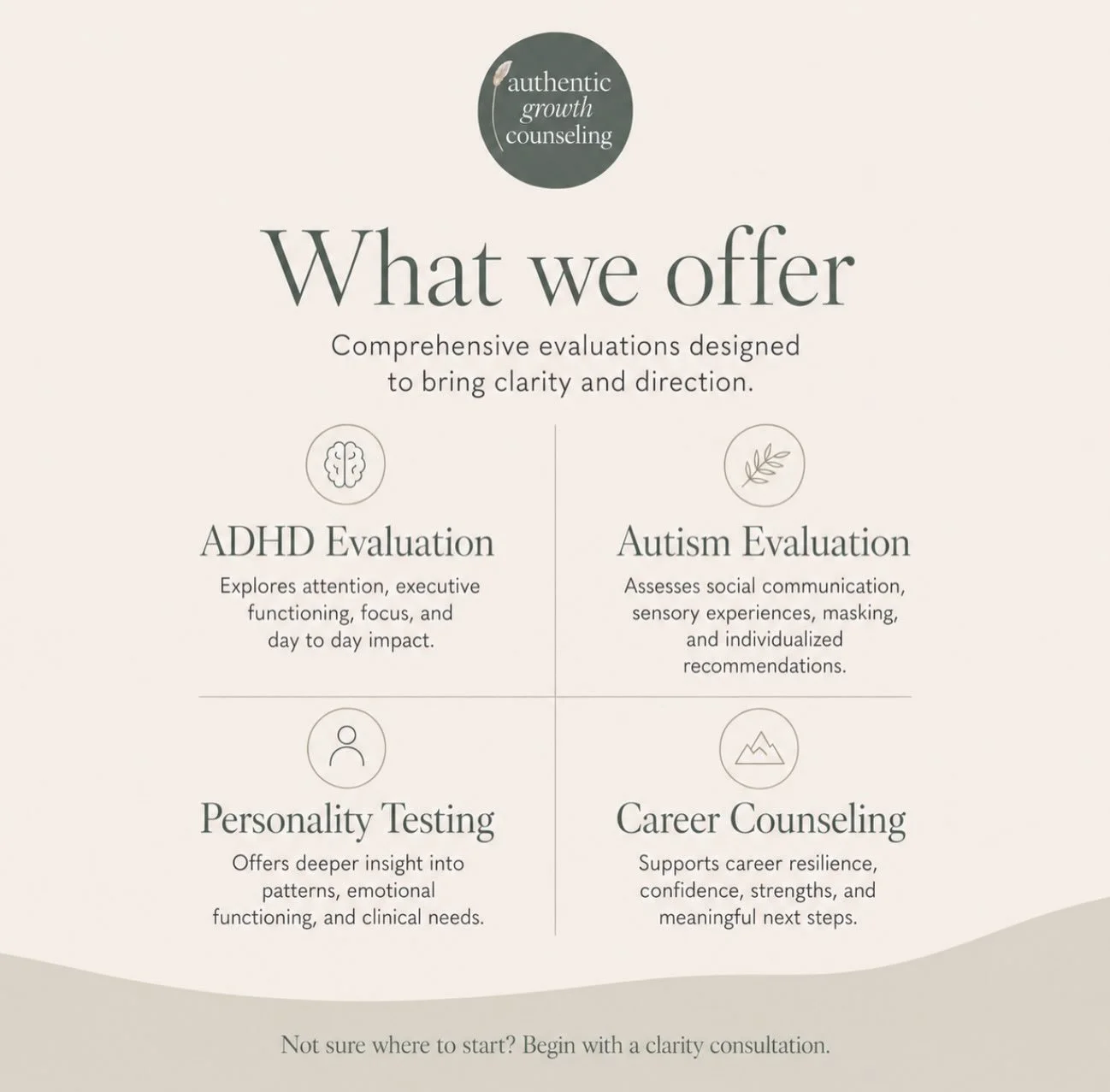 Sometimes getting clarity is the first step toward finally understanding yourself a little better.

We now offer comprehensive psychological evaluations for ADHD, autism, personality, and career clarity &amp; resilience at Authentic Growth Counseling