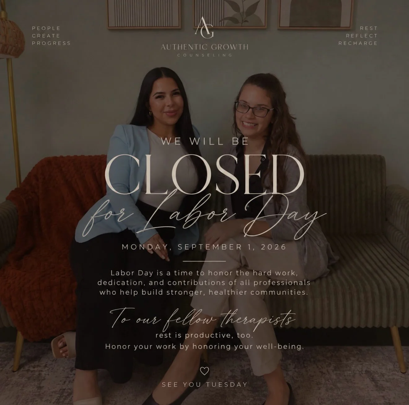 rest is part of the work, too. 🤍

in honor of labor day, authentic growth counseling will be closed as we give our therapists space to rest, reset, and return with intention.

we&rsquo;re so grateful for the care our team pours into this work every 