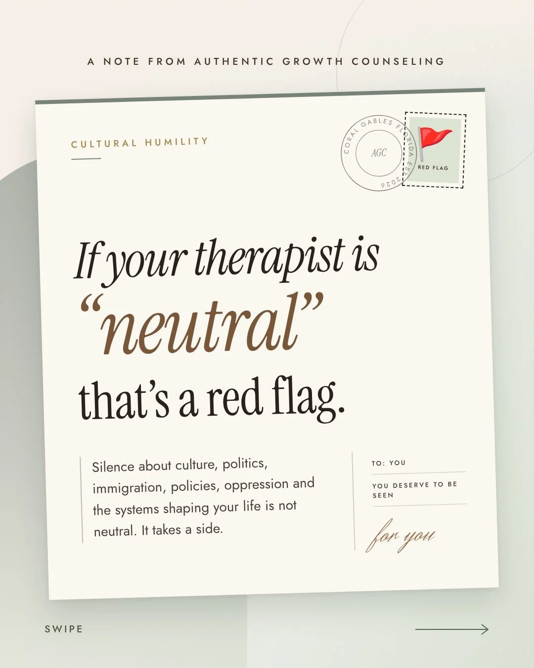 Neutrality is a privilege. 🚩

If your therapist is &ldquo;neutral,&rdquo; that&rsquo;s a red flag. There is no neutral when it comes to culture, politics, immigration, policies and oppression. When a therapist stays quiet about the systems shaping y