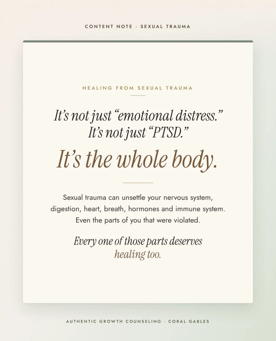 Sexual trauma doesn&rsquo;t only live in our thoughts and feelings. It lives in the body: in the nervous system, the breath, the gut, the heart, and in the parts of us that were violated. 🤍
Healing means offering gentleness to all of it, not just th