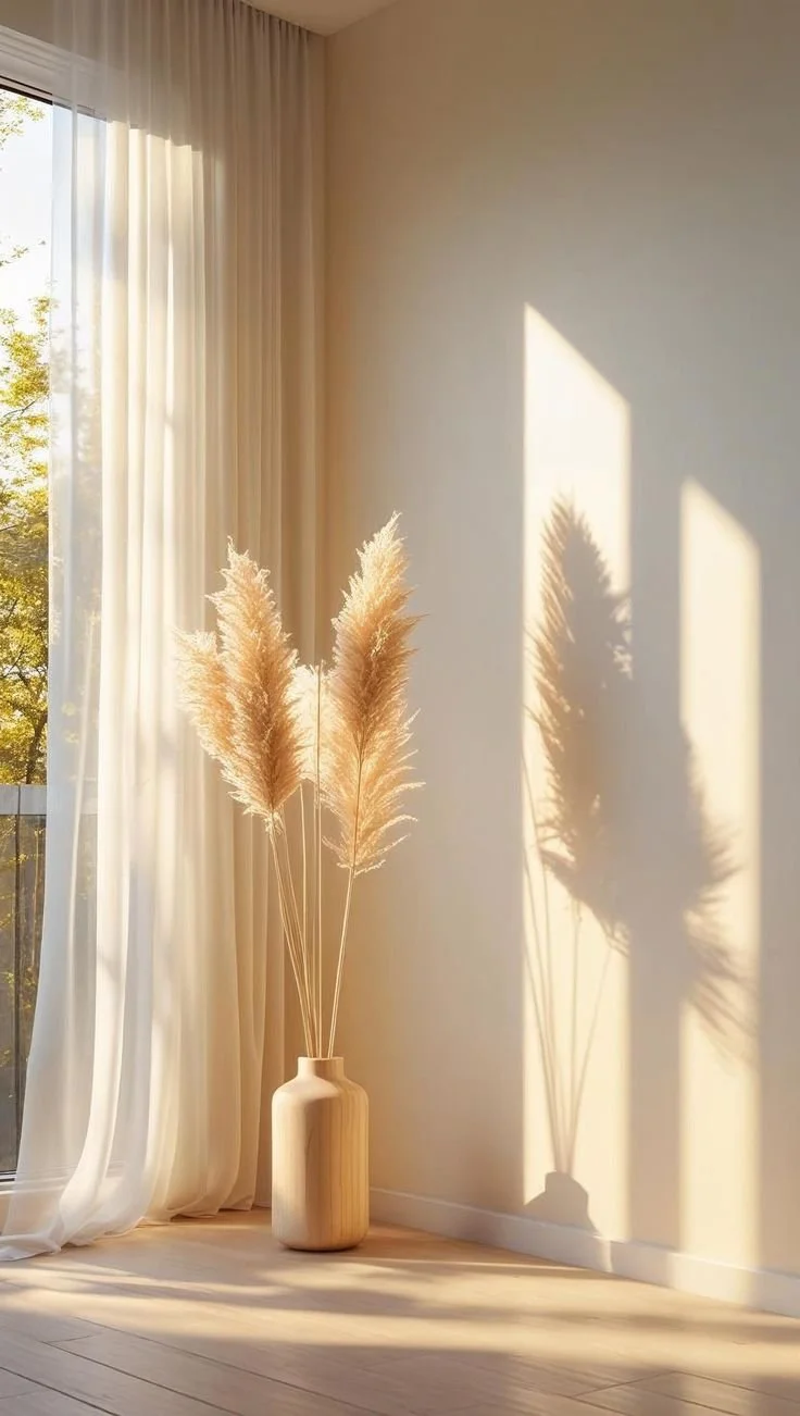 Sunlight streaming through sheer curtains onto a minimalist beige wall with a shadow of a vase with pampas grass. The vase is on a light wooden floor.