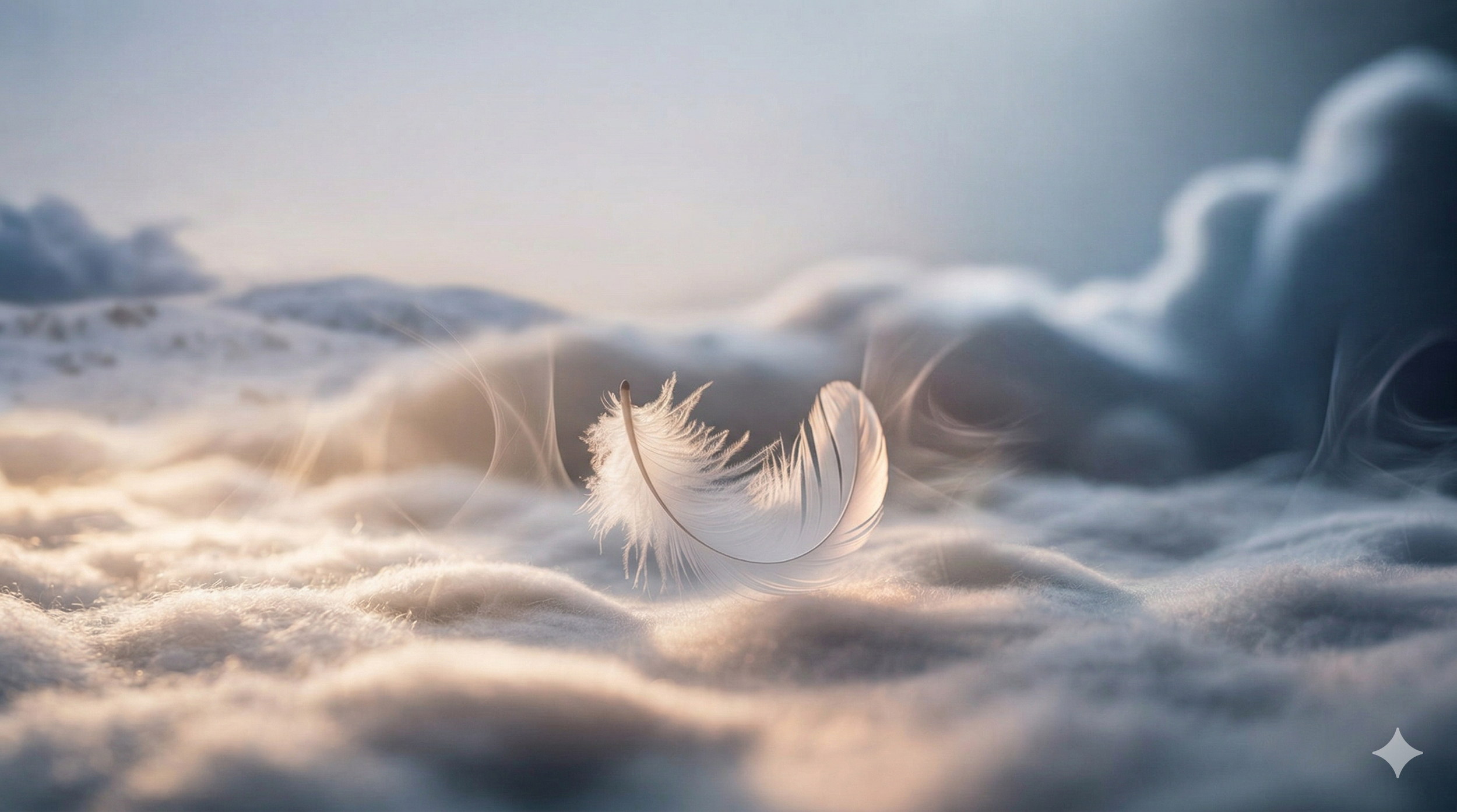 Plume de neige avec deux plumes blanches en suspension, fond de ciel nuageux et montagneau au loin. Doula