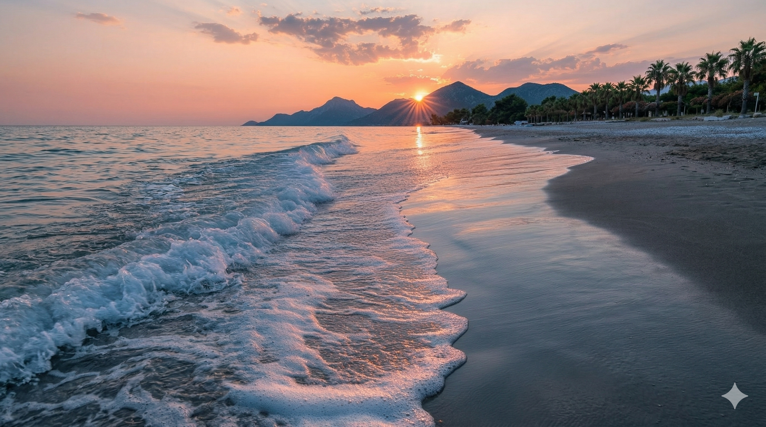 Coucher de soleil sur la plage avec des montagnes en arrière-plan, des palmiers et la mer calme. Doula