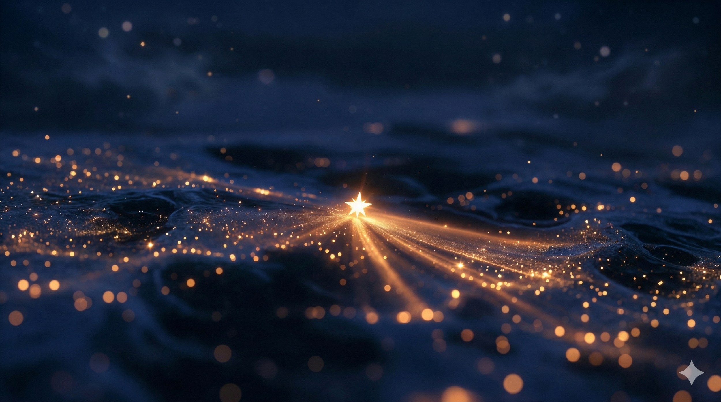 Une étoile brillante émettant des rayons d'or sur une surface d'eau sombre, avec de petites particules lumineuses flottant autour. Doula