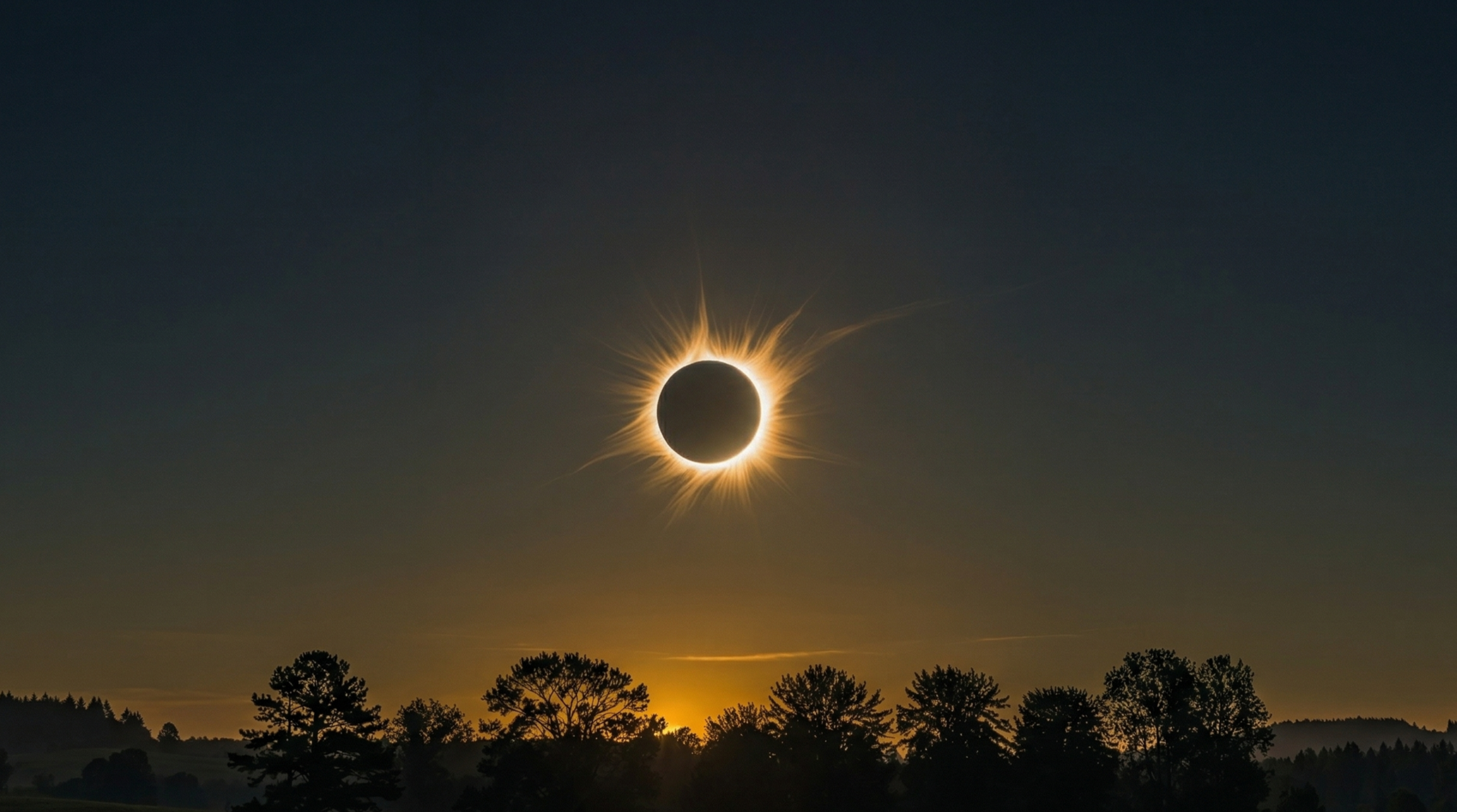 Une éclipse solaire avec le soleil entouré d'une couronne lumineuse et un ciel nocturne, avec une silhouette d'arbres en premier plan. Doula