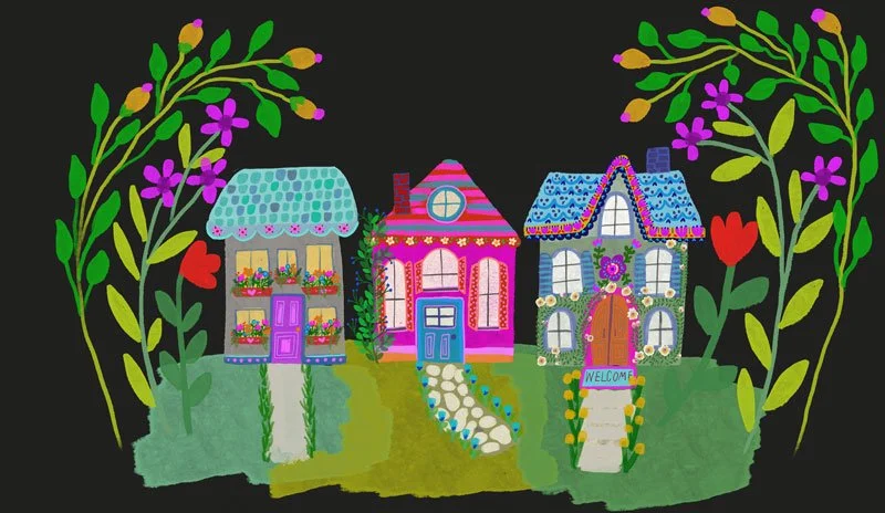 Colorful illustration of three decorative houses with flower gardens, surrounded by green leafy vines and purple, red, and yellow flowers on a dark background.