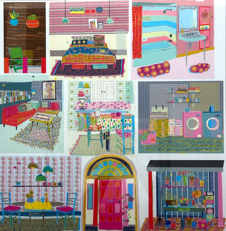 Colorful illustration of various rooms in a house, including a bedroom, bathroom with shower, living room with piano, kitchen, laundry room, entryway, dining room, and a shelf with decor and books.