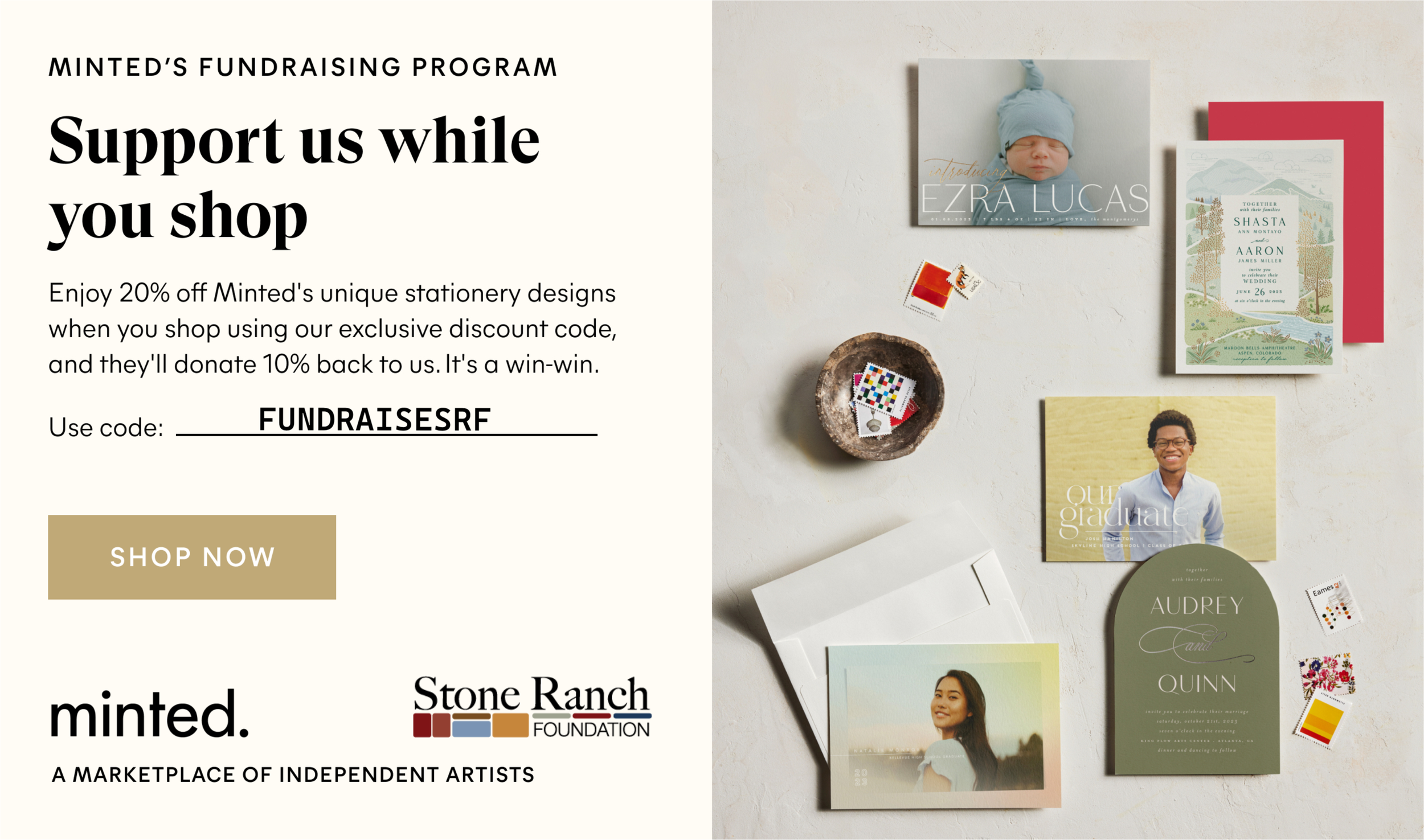 An advertisement for Minted's fundraising program featuring stationery designs, including a baby announcement, graduation announcement, wedding invitation, and other greeting cards, alongside a honey-colored 'Shop Now' button.