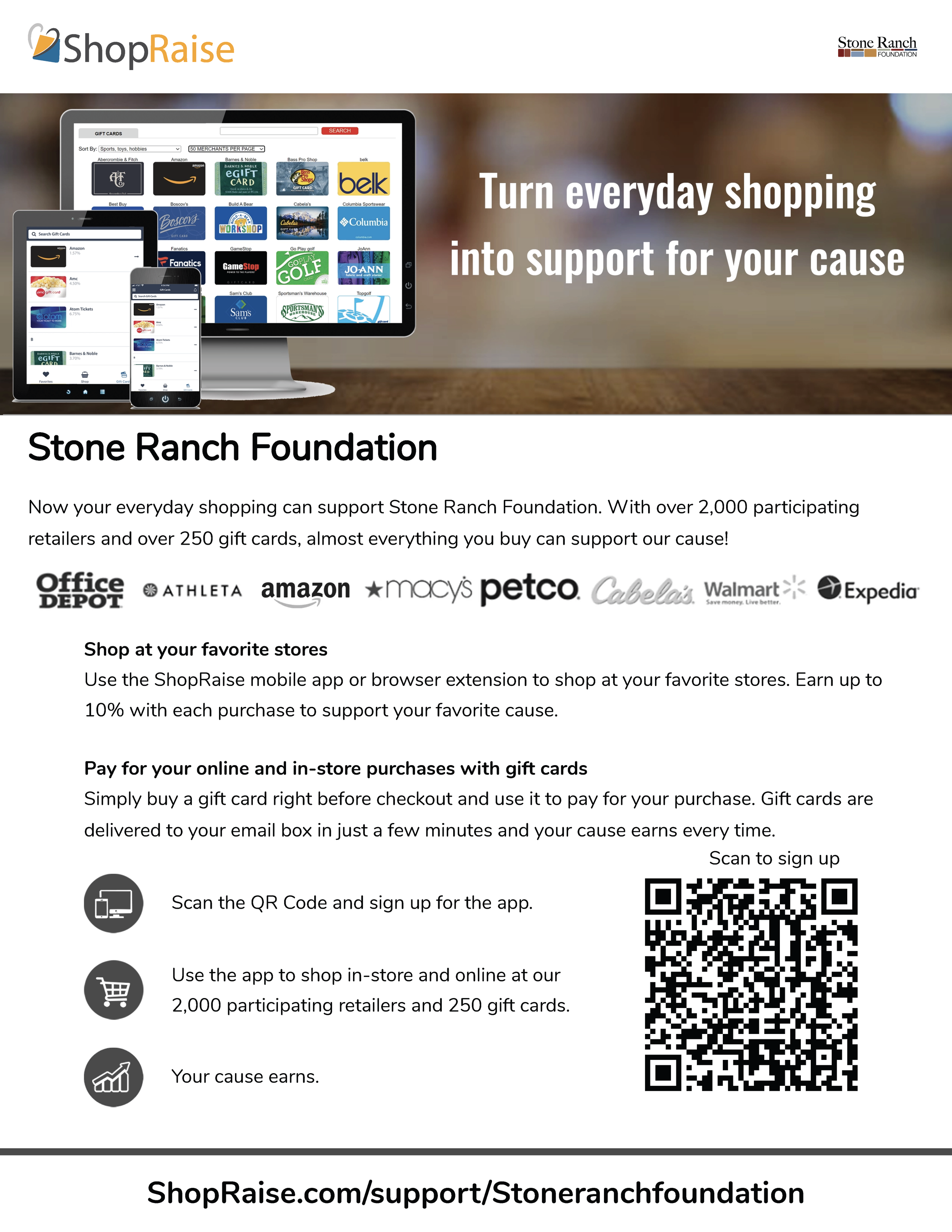 A promotional webpage for ShopRaise supporting the Stone Ranch Foundation. It shows a computer monitor and mobile devices displaying the ShopRaise app interface, a list of participating stores, and a QR code for sign-up. The page contains text encouraging shopping at favorite stores using the app to support a cause.