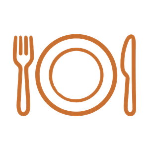 Outline of a fork on the left, a plate in the center, and a knife on the right.