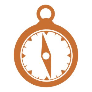A brown compass with a circular face and a needle pointing south-southeast.