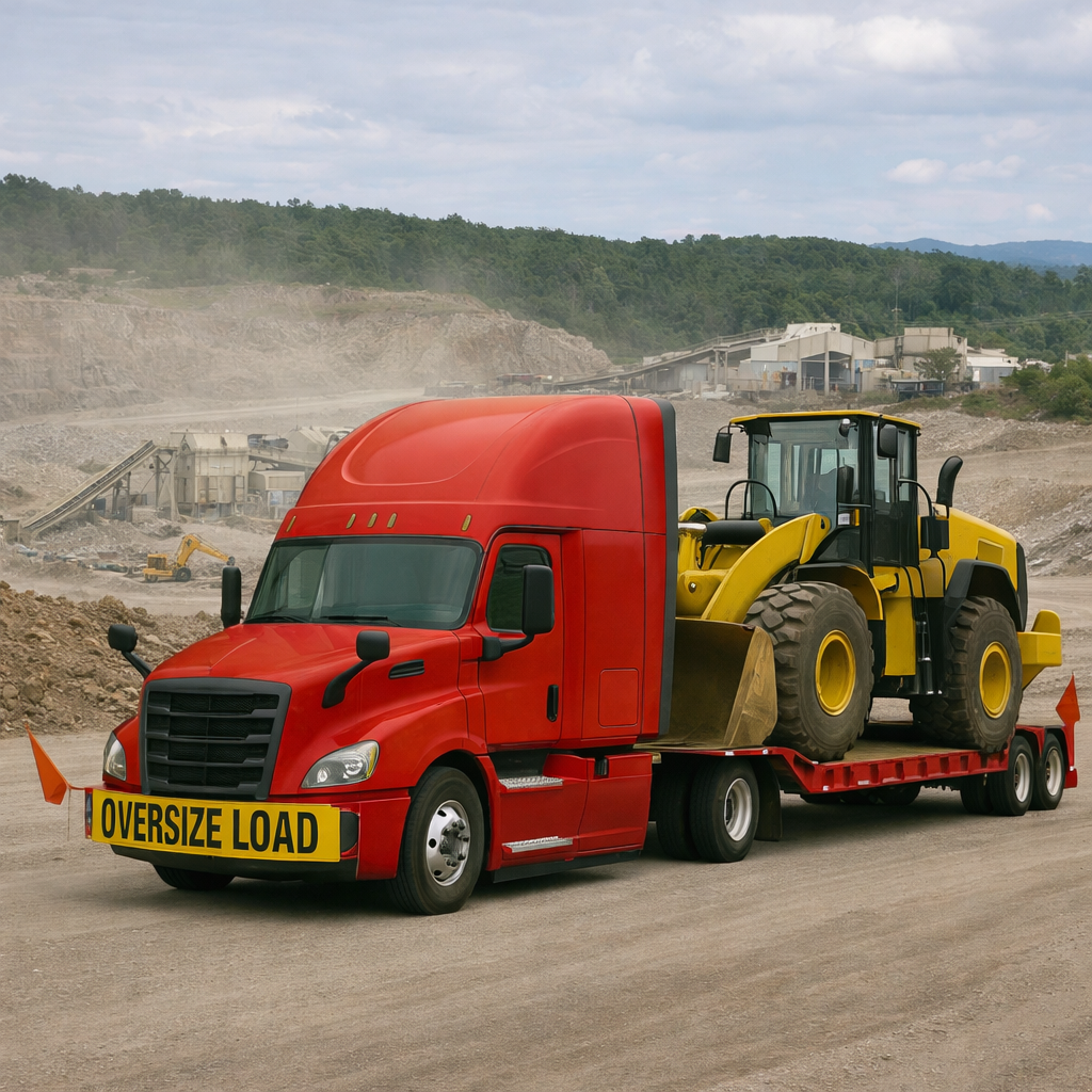 A red semi-truck transporting a yellow bulldozer at a construction site with industrial buildings and a dirt landscape in the background.