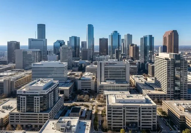 Downtown city skyline with numerous tall skyscrapers and office buildings under a clear blue sky.