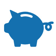 Silhouette of a piggy bank with a coin slot and a coin attached to its tail.
