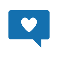 Blue speech bubble with a black heart in the center.