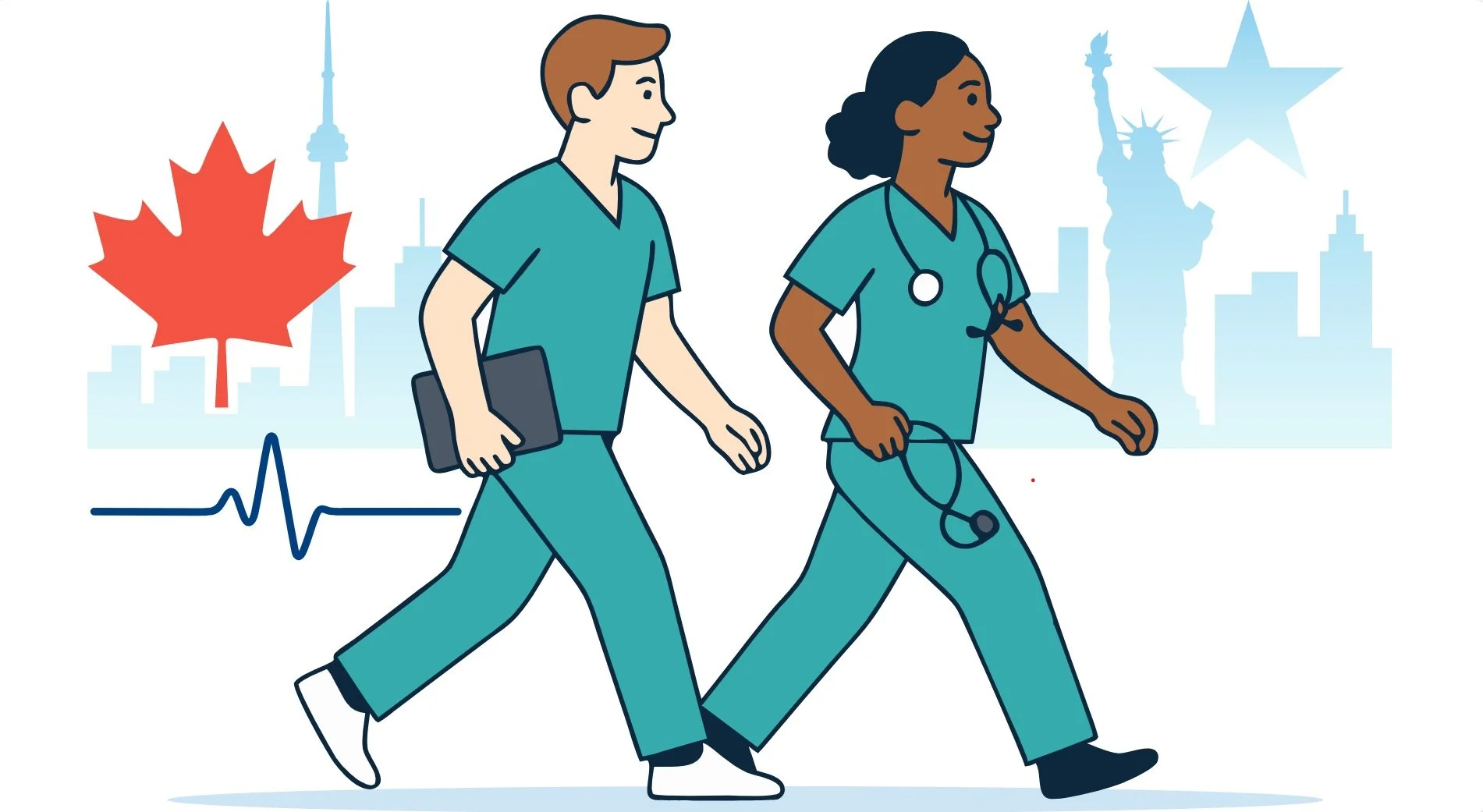 Two healthcare professionals, a male and a female nurse or doctor, walking in front of a cityscape featuring recognizable New York City landmarks and Canadian symbols. The background includes a red maple leaf, a blue star, the Statue of Liberty, and a skyline with the Empire State Building and the CN Tower. There is also a heartbeat line at the bottom of the image.