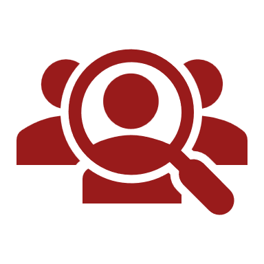 Icon of three people with a magnifying glass over one person's face, representing search or investigation.