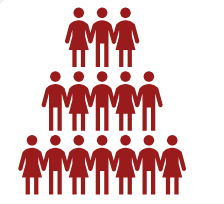 Illustration of a pyramid made of 15 red human figures, arranged in a triangular formation.