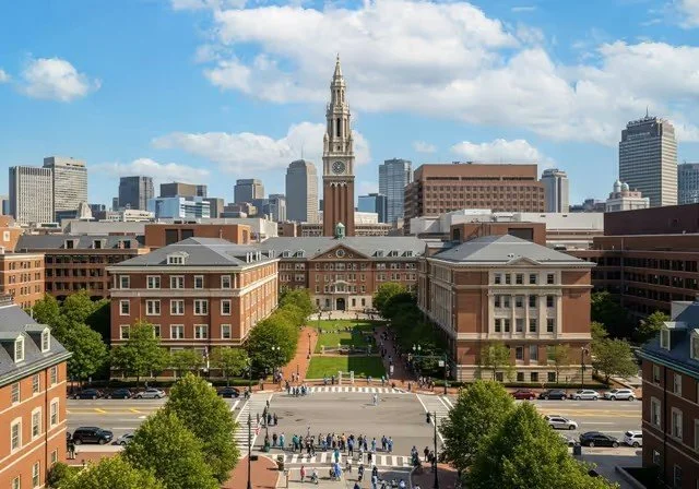 Downtown Boston skyline with historic Boston University campus buildings and the Boston University Tower under a partly cloudy sky.