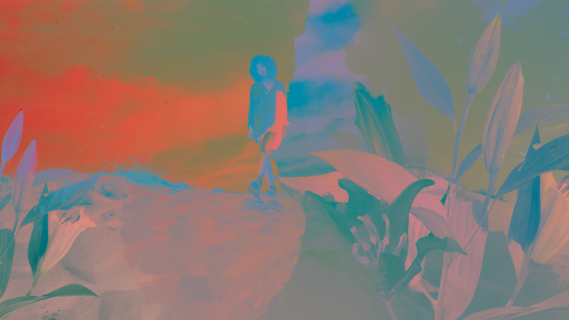 A person with curly hair wearing a striped shirt and shorts, walking on a sandy area among large plants and flowers, with a colorful sky in the background.