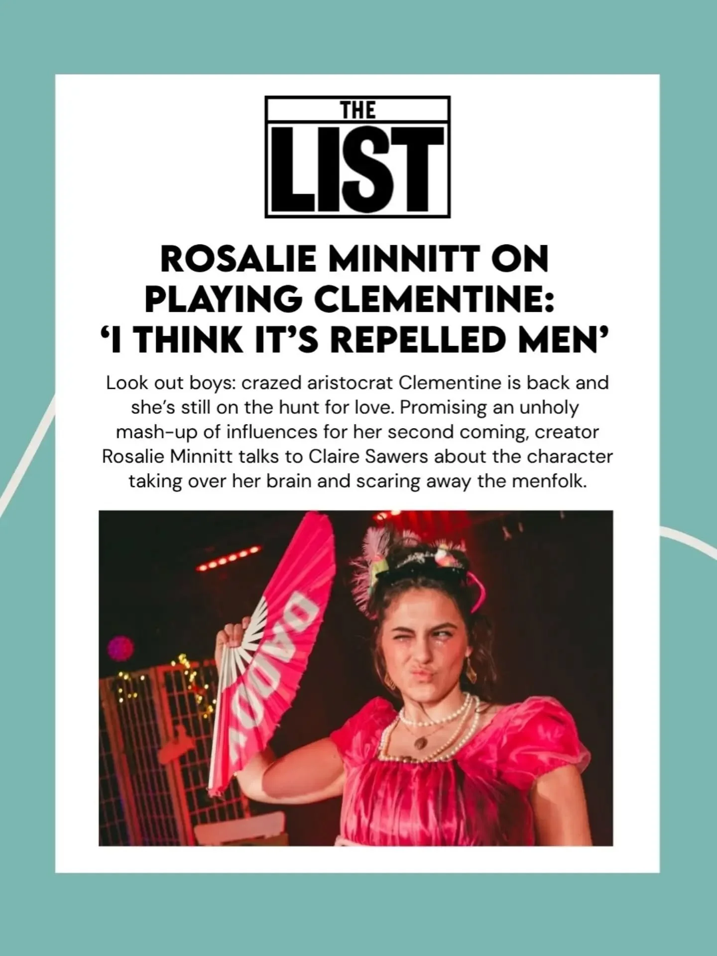 The utterly fabulous Rosalie Minnitt in The List, in print and online 🤩

You have a special chance to catch Clementine I this evening at @shedinburgh_fest and Clementine II throughout August at Pleasance Courtyard.

Rosalie Minnitt: Clementine II
15
